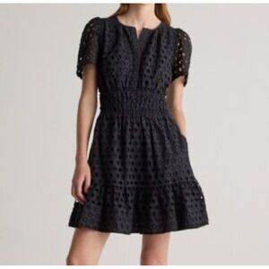Quince Womens Organic Cotton Eyelet Mini Tiered Dress Black Size S RK001